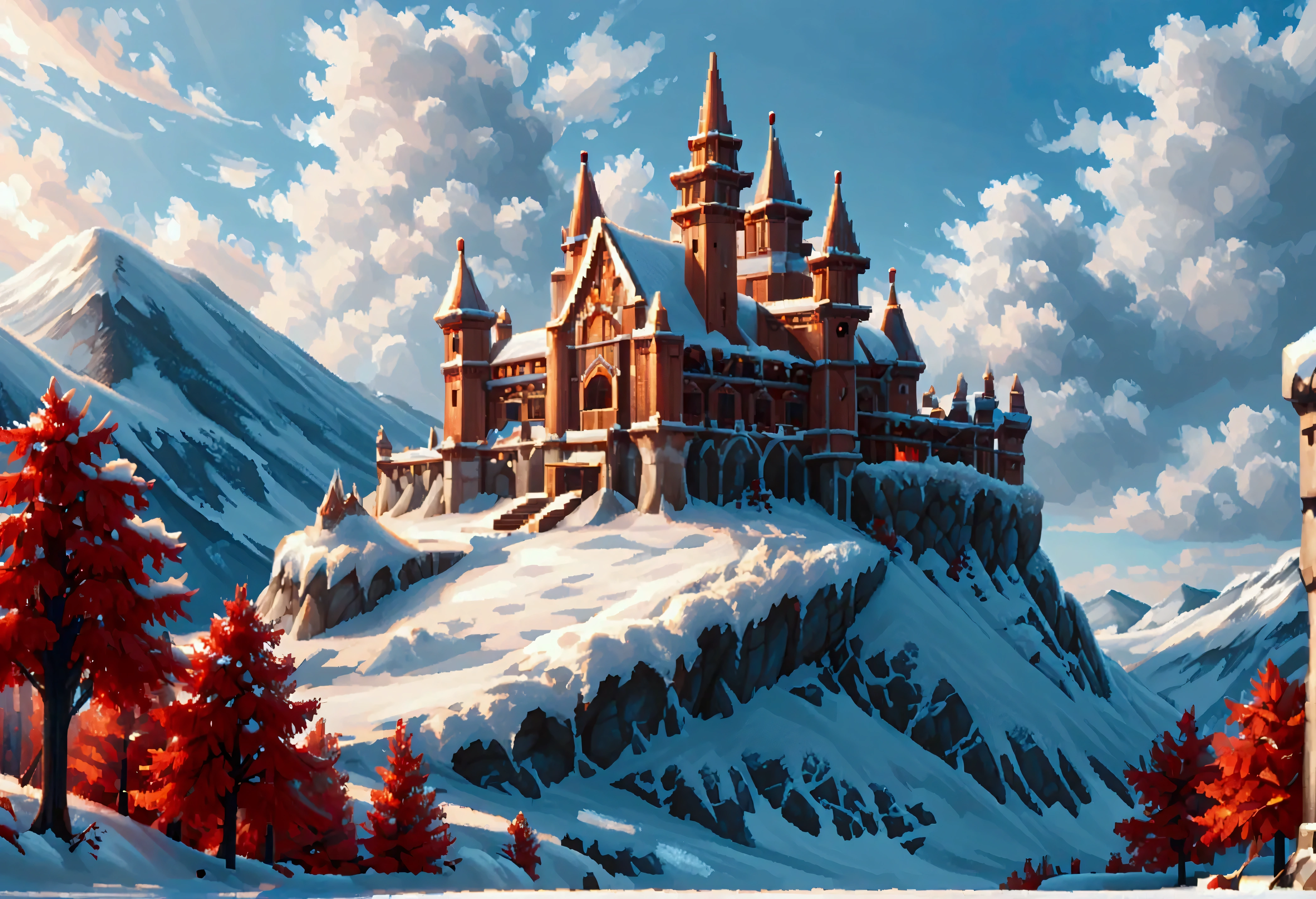 ((Pixel Art: 1.5) score_9, score_8_up, score_7_up, a panoramic award winning photography, Photorealistic, extremely detailed of a castle (made from ice: 1.3) standing on the peak of a snowy mountain, an impressive best detailed castle made from ice (Photorealistic, extremely detailed), with towers, bridges, a moat, standing on top of a snowy mountain (masterpiece, extremely detailed, best quality), with red trees, orange trees, sunset light, some clouds in the air,  alpine mountain range background, best realistic, best details, best quality, 16k, [ultra detailed], masterpiece, best quality, (extremely detailed), ultra wide shot, photorealism, depth of field, made of ais-icebaby, Pixel Art

