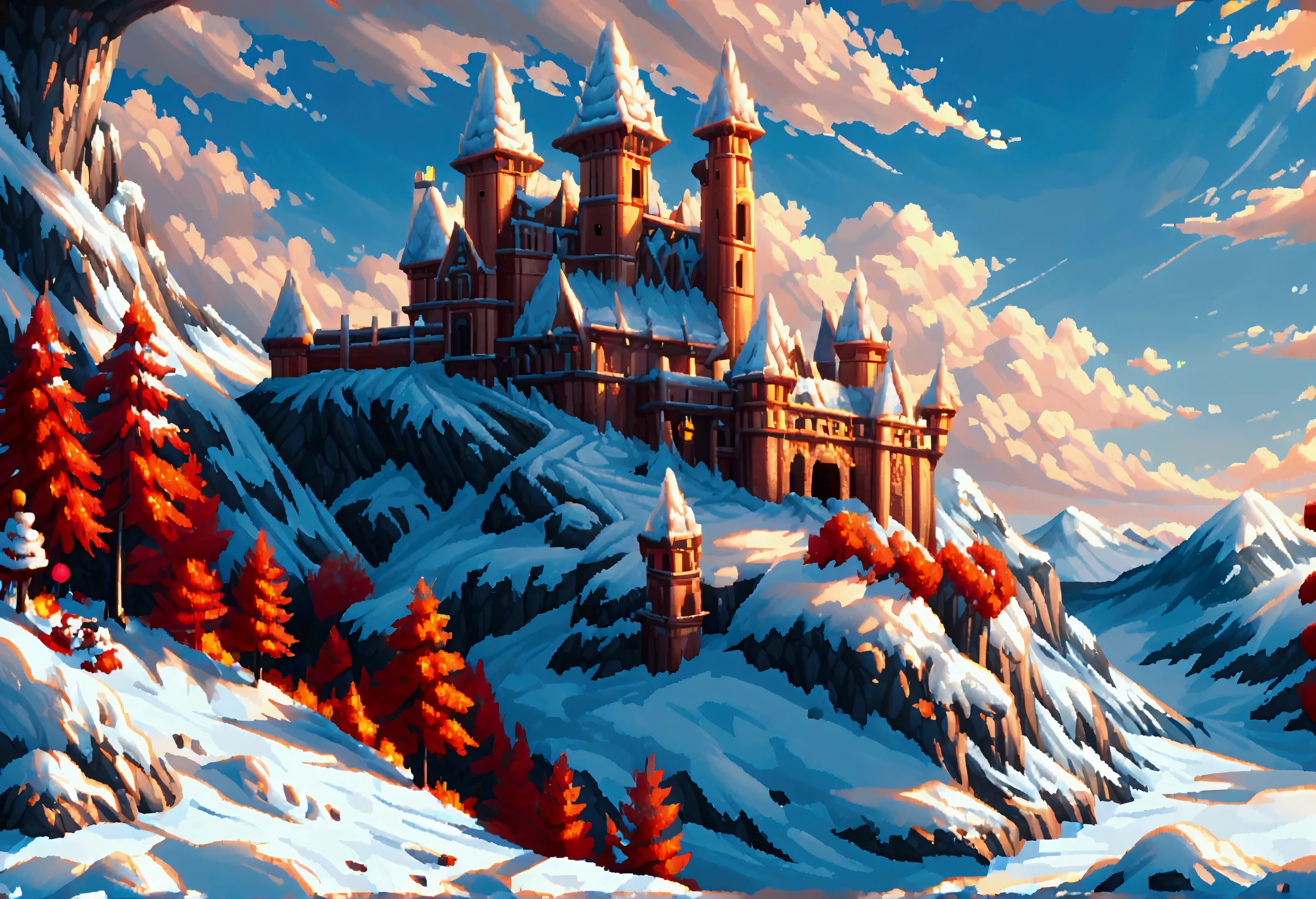 ((Pixel Art: 1.5) score_9, score_8_up, score_7_up, a panoramic award winning photography, Photorealistic, extremely detailed of a castle (made from ice: 1.3) standing on the peak of a snowy mountain, an impressive best detailed castle made from ice (Photorealistic, extremely detailed), with towers, bridges, a moat, standing on top of a snowy mountain (masterpiece, extremely detailed, best quality), with red trees, orange trees, sunset light, some clouds in the air,  alpine mountain range background, best realistic, best details, best quality, 16k, [ultra detailed], masterpiece, best quality, (extremely detailed), ultra wide shot, photorealism, depth of field, made of ais-icebaby, Pixel Art

