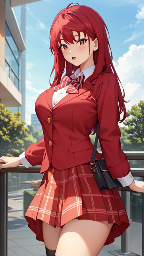 masterpiece, best quality, high quality, girl, solo, looking at viewer, enjou_retto, Red hair, Brown Eyes, large breasts, Red bow, striped bow, blazer, blue jacket, long sleeves, plaid skirt, brown skirt, black thighhighs, outdoors, cowboy shot, standing, looking at viewer,