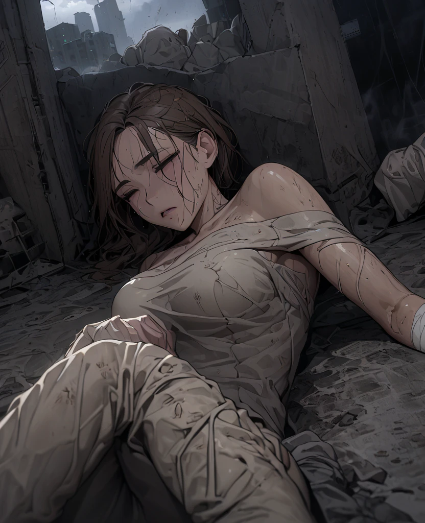 (masterpiece), 1girl, anime style, anime style, solo focused, fully body, bare shoulder, solo focused, anime style, skindation, detailed lips best quality, 8k, highres , very detailed, dark rubble background, hallow eyes, ragged cloths, barefoot, dirty body, crutches, hurt leg, holding on crutches, bandages, injured, crotch, slums, dark night, cold breath, soaked body, pouring rain, hallow eyes, empty, soulless, brown short hair, ribbon in hair, bare thighs, barefoot, cloudy skies, war zone, slums, short brown hair, pale, dirty body, skinny, sleeping on the ground, eyes half open, soulless, hallow eyes, hopeless, raining, laying down, body on the ground, fetal position, pov from top to down, dark brown hair