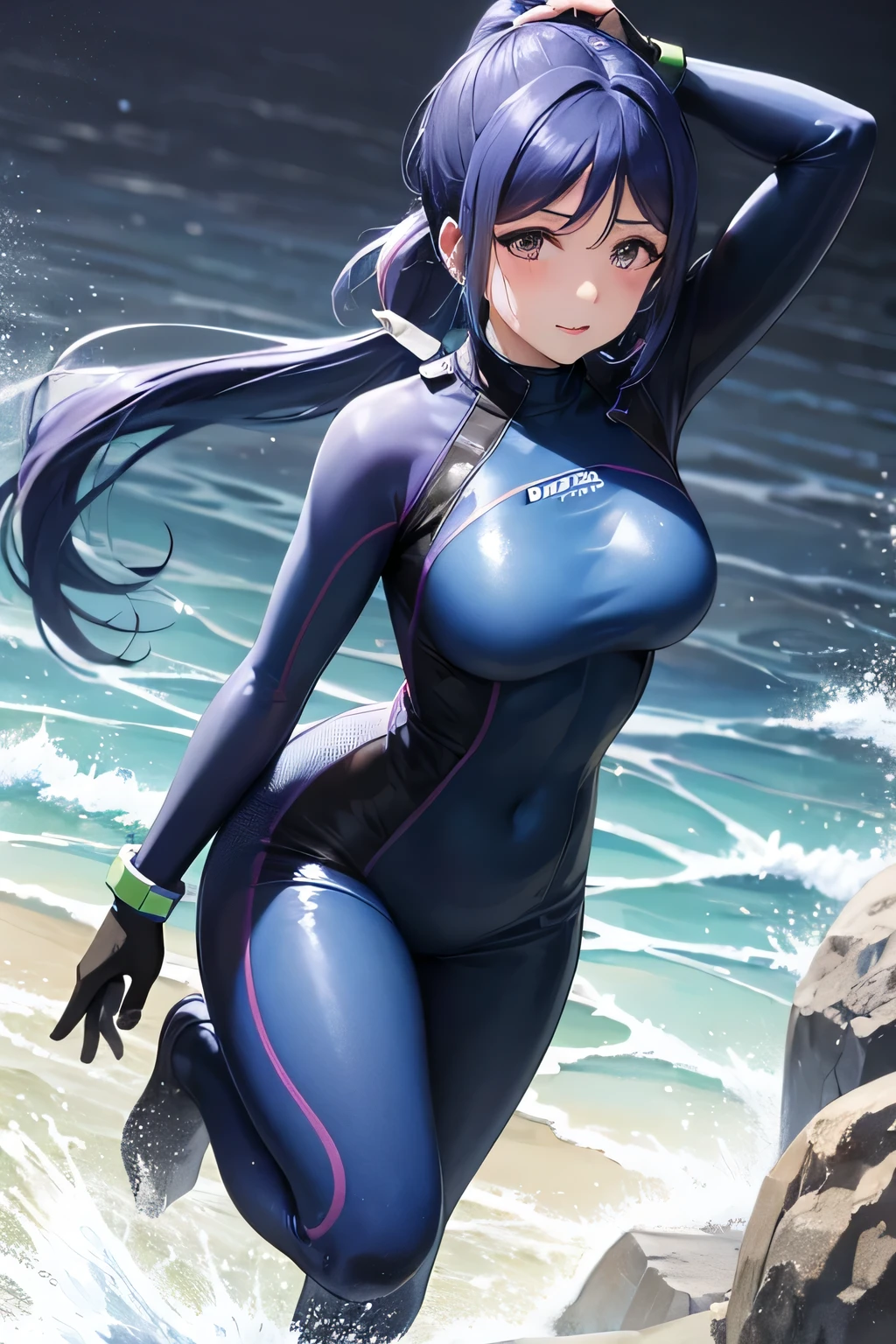  perfect anatomy 　 top quality, highest resolution,((( shiny wetsuit 　 blue hair　 ponytail 　sweat)))　Love Live!！ Sunshine !!　Matsuura Kanan 