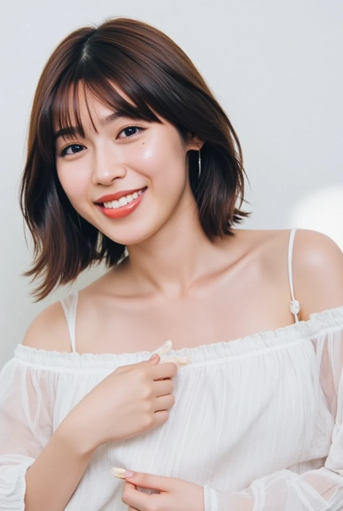 A smiling woman poses alone wearing off-the-shoulder pajamas in pastel colors that convey warmth simply by touching them softly and softly, making a firm, large heart shape with both hands, and holding them in front of her chest, View above collarbone、 background is monotone、
