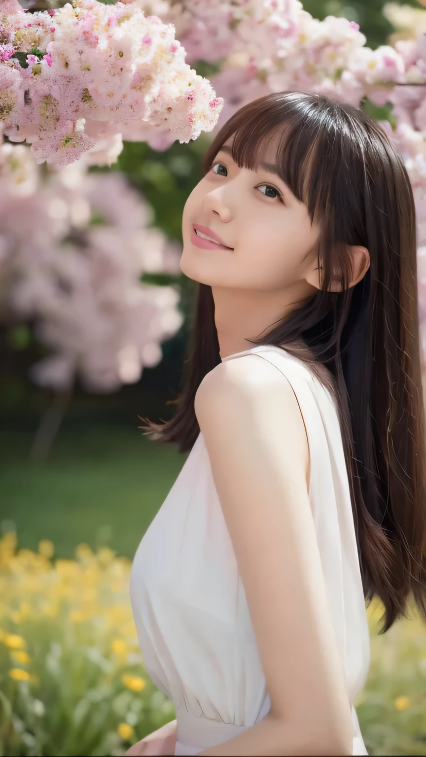Best Quality、4K、8k、 Kampala、masterpiece:1.2、 very detailed 、Real:1.37、 portrait、Soft colors、Gentle Light、A girl exuding fatigue、Long flowing hair、Delicate facial features、Thoughtful eyes、 white skin、Happy expression、 soft pastel colors、 GREAT ATMOSPHERE 、shirt、Subtle brushwork、Dreamy composition、gazing into the distance、 Romantic Atmosphere、、Calm colors、Soft Shadows、 display above my waist、Ample breasts、Flower field in the background、Wearing sleeveless top、I'm wearing a G pan 