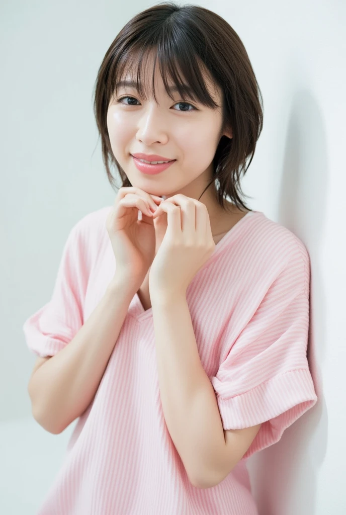 A smiling woman poses alone wearing off-the-shoulder pajamas in pastel colors that convey warmth simply by touching them softly and softly, making a firm, large heart shape with both hands, and holding them in front of her chest, View above collarbone、 background is monotone、
