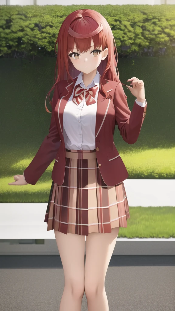 masterpiece, best quality, high quality, girl, solo, looking at viewer, enjou_retto, Red hair, Brown Eyes, large breasts, Red bow, striped bow, blazer, blue jacket, long sleeves, plaid skirt, brown skirt, black thighhighs, outdoors, cowboy shot, standing, looking at viewer,