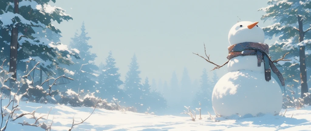 christmas, snow, landscape with a snowman on the right and a few trees