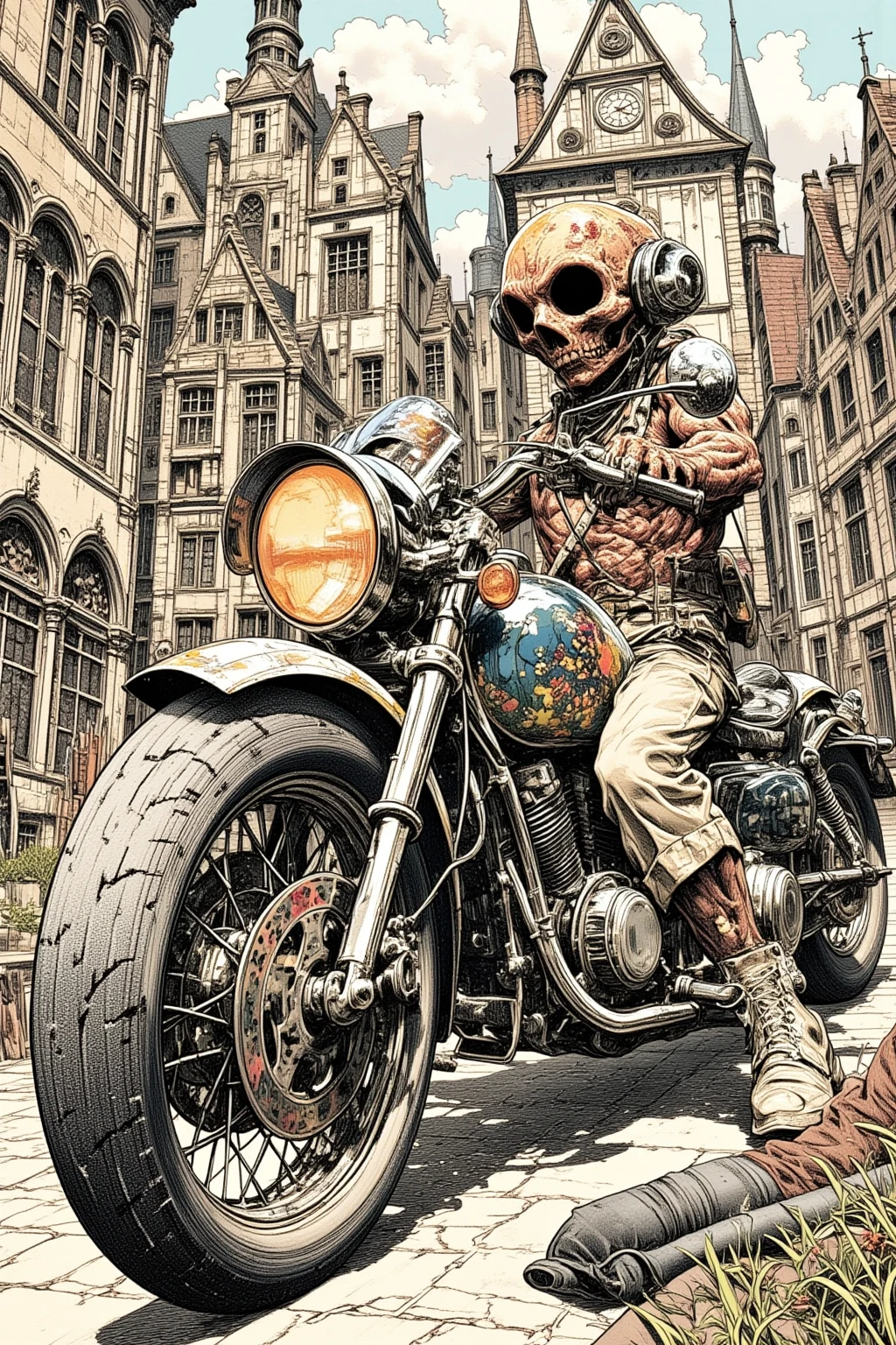 Motorcycle drawing in the ancient city of Strasbourg、Hallucinatory Art  、  dmt Death of Ego  、  Psychedelic Horror  、Grey Sky、 Highly Detailed Fantastic Art  、  DMT Egodes  、 Shamanic Fear  、LSD art、clock、collage、Electricity、Cafe、violin