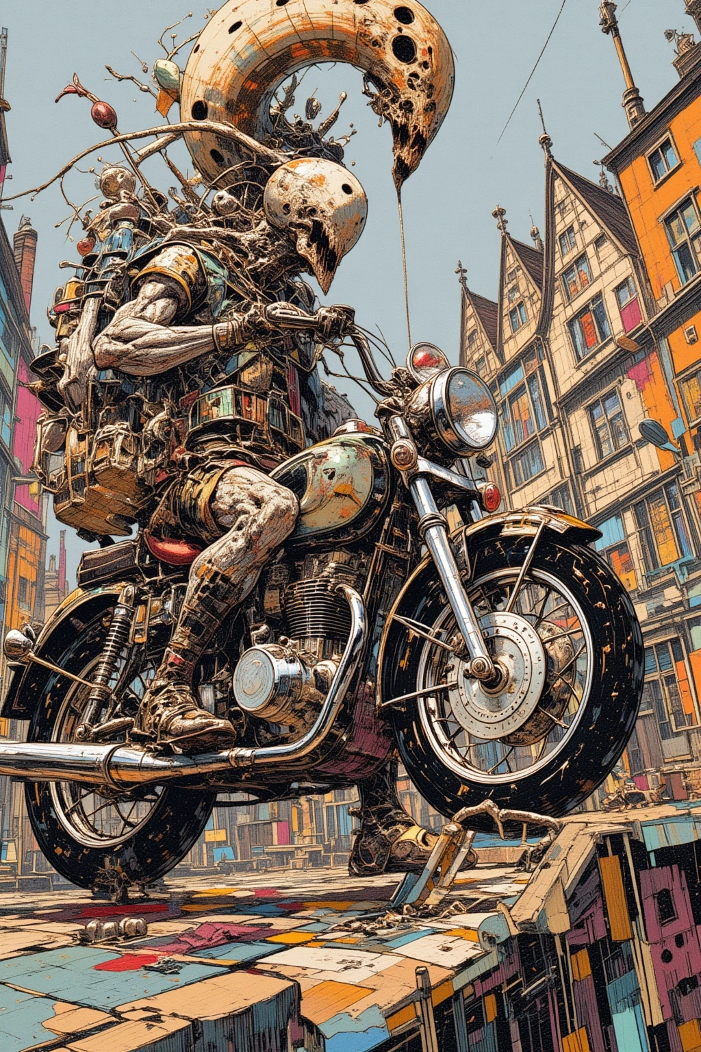 Motorcycle drawing in the ancient city of Strasbourg、Hallucinatory Art  、  dmt Death of Ego  、  Psychedelic Horror  、Grey Sky、 Highly Detailed Fantastic Art  、  DMT Egodes  、 Shamanic Fear  、LSD art、clock、collage、Electricity、Cafe、violin