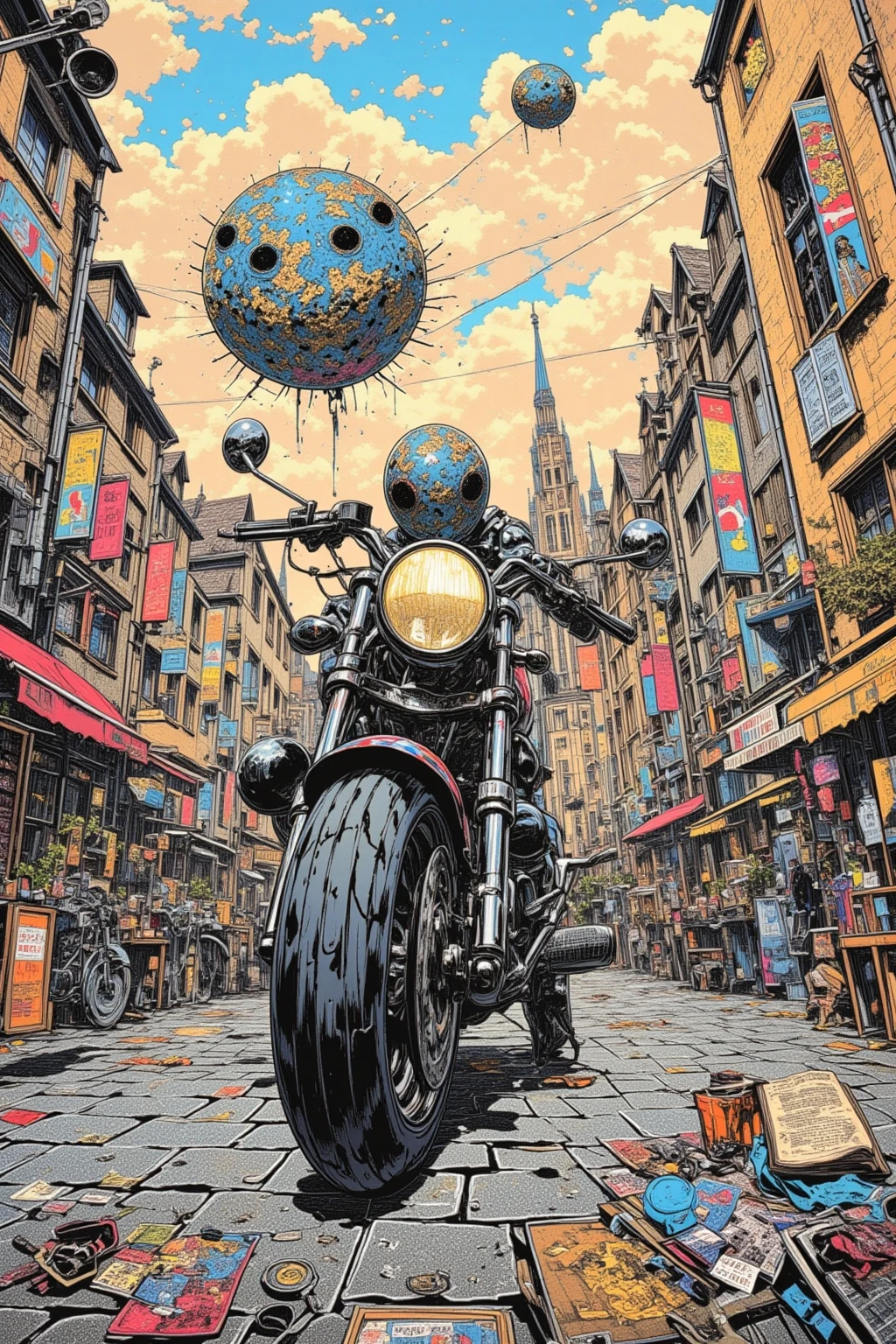 Motorcycle drawing in the ancient city of Strasbourg、Hallucinatory Art  、  dmt Death of Ego  、  Psychedelic Horror  、Grey Sky、 Highly Detailed Fantastic Art  、  DMT Egodes  、 Shamanic Fear  、LSD art、clock、collage、Electricity、Cafe、violin