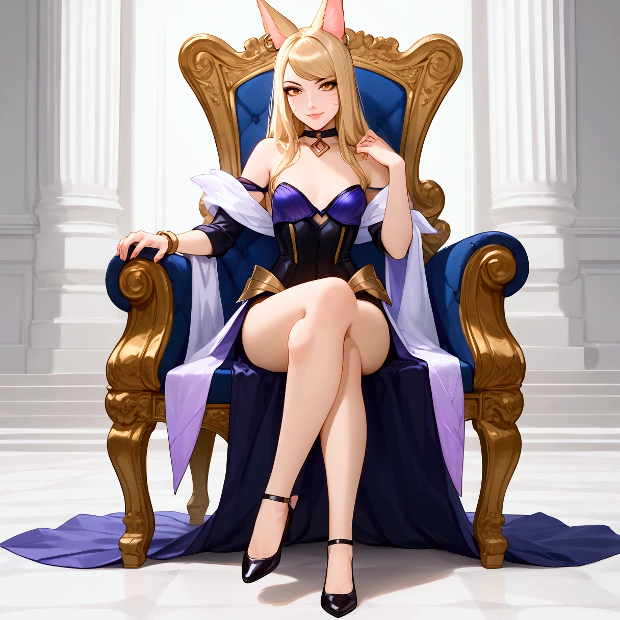 ((full body photo, standing, feet on the ground)) KDA Ahri LoL PD, masterpiece, best quality, (sitting on throne, legs crossed, showing feet, profile photo), highly detailed, score_9, score_8_up, score_7_up, score_6_up, anime font ,BREAK, 2girl, solo, long hair, blue eyes, flower, small breasts, bow, looking at viewer, freckles, parted lips, smile, full body, lips red, lips, leather ballet shoes, side photo, she looks at you, fishnets, white background, neutral cast
