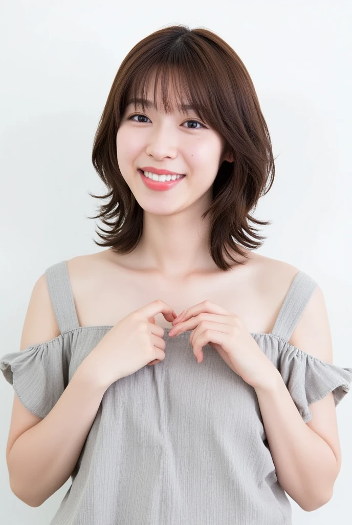 A smiling woman poses alone wearing off-the-shoulder pajamas in pastel colors that convey warmth simply by touching them softly and softly, making a firm, large heart shape with both hands, and holding them in front of her chest, View above collarbone、 background is monotone、
