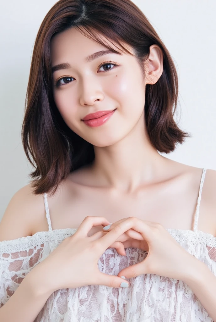 A smiling woman poses alone wearing off-the-shoulder pajamas in pastel colors that convey warmth simply by touching them softly and softly, making a firm, large heart shape with both hands, and holding them in front of her chest, View above collarbone、 background is monotone、
