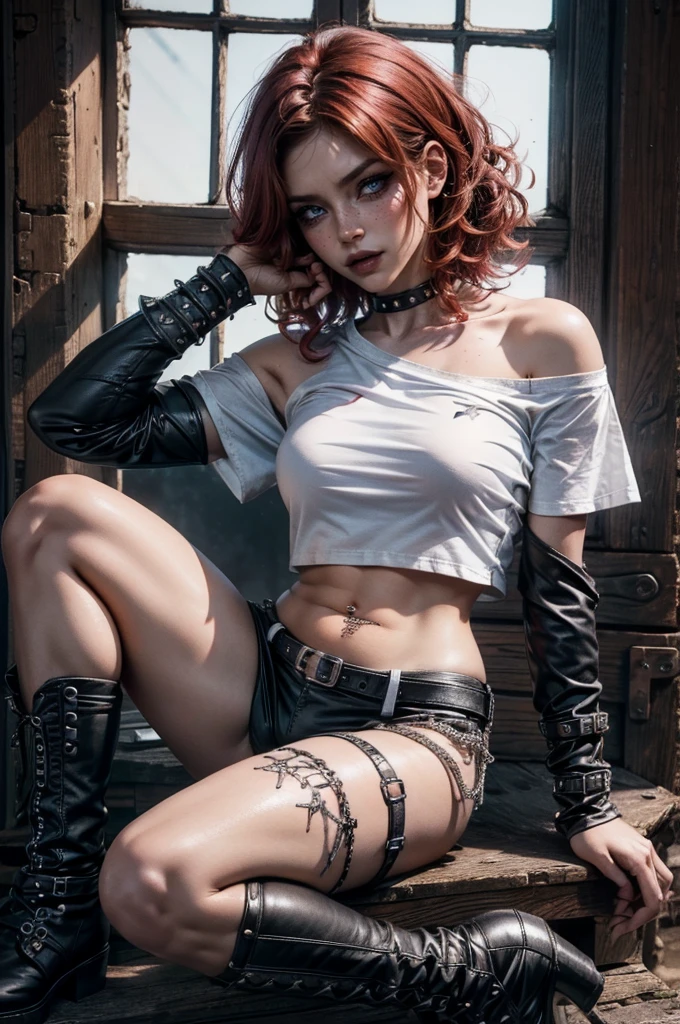 lora_Emma,a beautiful young woman with curly short red hair, freckles, attractive woman with punk outfit,(((off the shoulder white t-shirt))),ripped leather shorts,(multiple studded belts),(exposed thong straps), ((navel piercing)),((belly chain)), heavy dark makeup,intense eyeliner, dark eyeshadow, black lipstick, studded leather collar,(ripped nylon stockings),(studded leather boots with a high heel),((long leather arm sleeves with studs and zipper)),detailed face,detailed eyes and lips,realistic,photorealistic,high quality,8k,masterpiece,vivid colors,dramatic lighting,cinematic