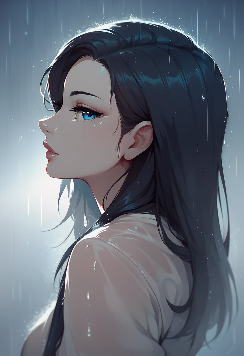 1girl, solo, blue eyes, rain, blue theme, looking at viewer, portrait, parted  monochrome, black hair, profile, lips, zPDXL3, detailxl,