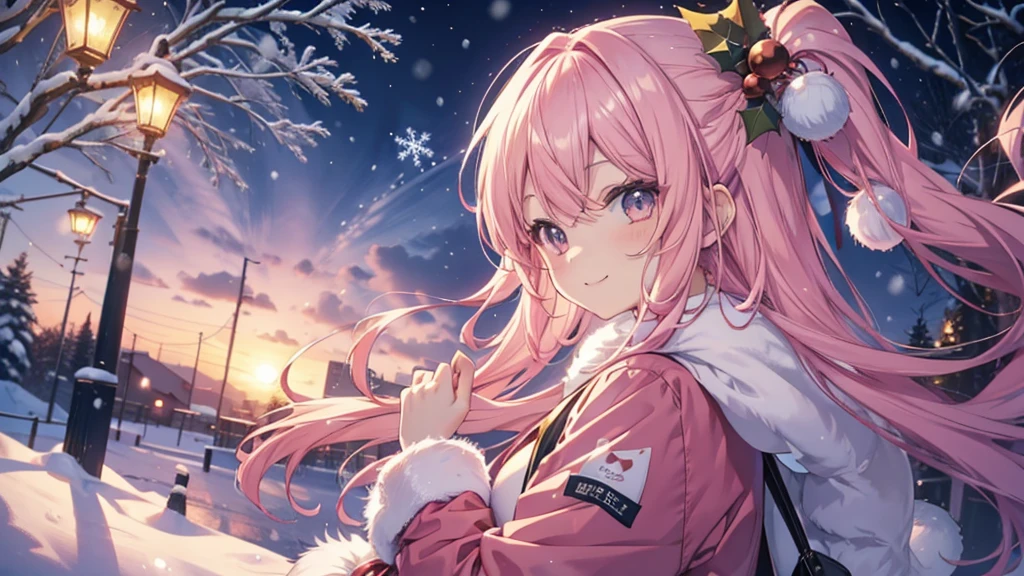 cute anime pink haired girl、 Dynamic 、 long hair、( angle from side 、 Best Smile 、 Christmas style ,Snow Scene,)