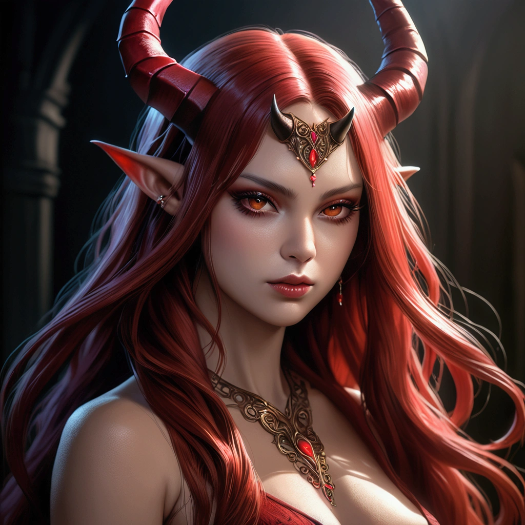 a woman with red hair and a red dragon on her shoulder, inspirado em Magali Villeneuve, No estilo Anne Stokes, Magali Villeneuve», estilo de arte de fantasia, Queen of Dragons, Arte de fantasia hiperrealista, Graphic artist Magali Villeneuve, the dragon girl portrait, dragon queen, arte de fantasia digital ), arte estilo fantasia, arte de fantasia realista, arte de fantasia detalhada, on the top of the head huge horns