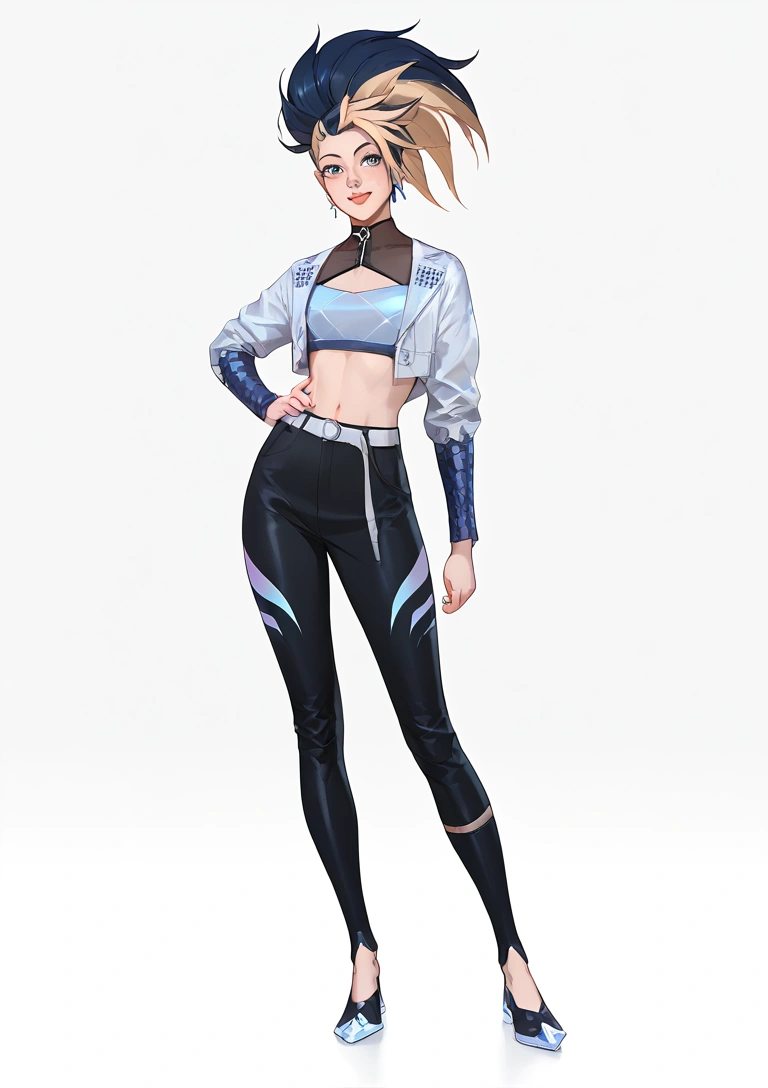 ((full body photo, standing, feet on the ground)) KDA All Akali .League of Legends., masterpiece, best quality, highly detailed, score_9, score_8_up, score_7_up, score_6_up, anime font ,BREAK, 2girl, solo, long hair, blue eyes, flower, small breasts, bow, looking at viewer, freckles, parted lips, smile, full body, lips red, lips, leather ballet shoes, side photo, she looks at you, fishnets, white background, neutral cast
