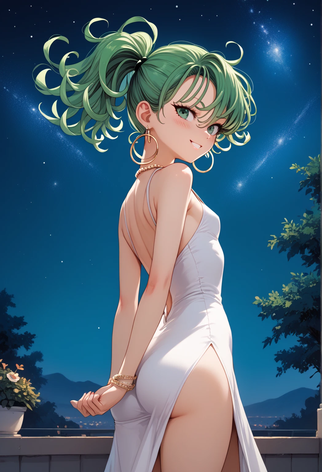 tatsumaki,green hair,curly hair,green eyes, long hair,small breast , Ponytail,
, earrings,hoop earrings,cross necklace,jewelry,poese, High Resolution, Masterpiece, High Quality, Bangs, Hair Over One Eye,  cute, elegant black dress, night, starry sky, romantic setting, smile, blush, hands behind back, cowboy shot, petite, ass, solo
