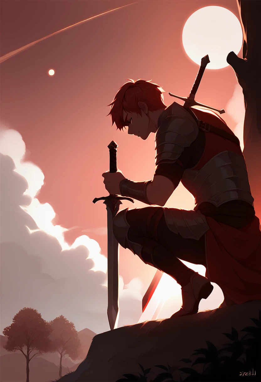 weapon, red sky, moon, sword, sky, cloud, solo, cloudy sky, planted sword, holding, holding weapon, armor, holding sword, outdoors, planted, 1boy, full moon, 1other, tree, red theme, from side, male focus, silhouette, on one knee, zPDXL3, detailxl,