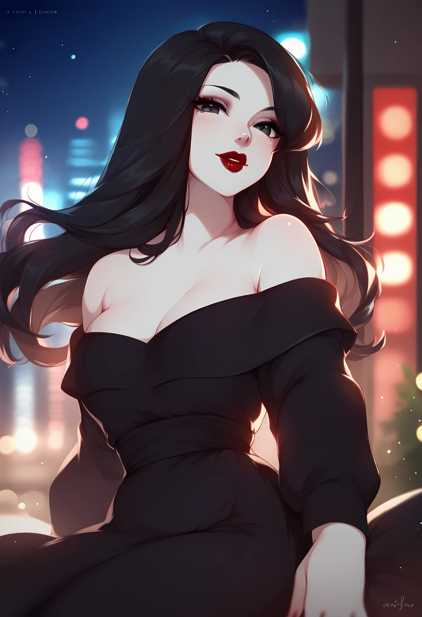 1girl, solo, dress, black hair, long hair, black dress, looking at viewer, bare shoulders, red  blurry, off shoulder, night, blurry background, makeup, black eyes, lipstick, depth of field, floating hair,  city lights, parted  , bokeh, long sleeves, pale skin, zPDXL3, detailxl,