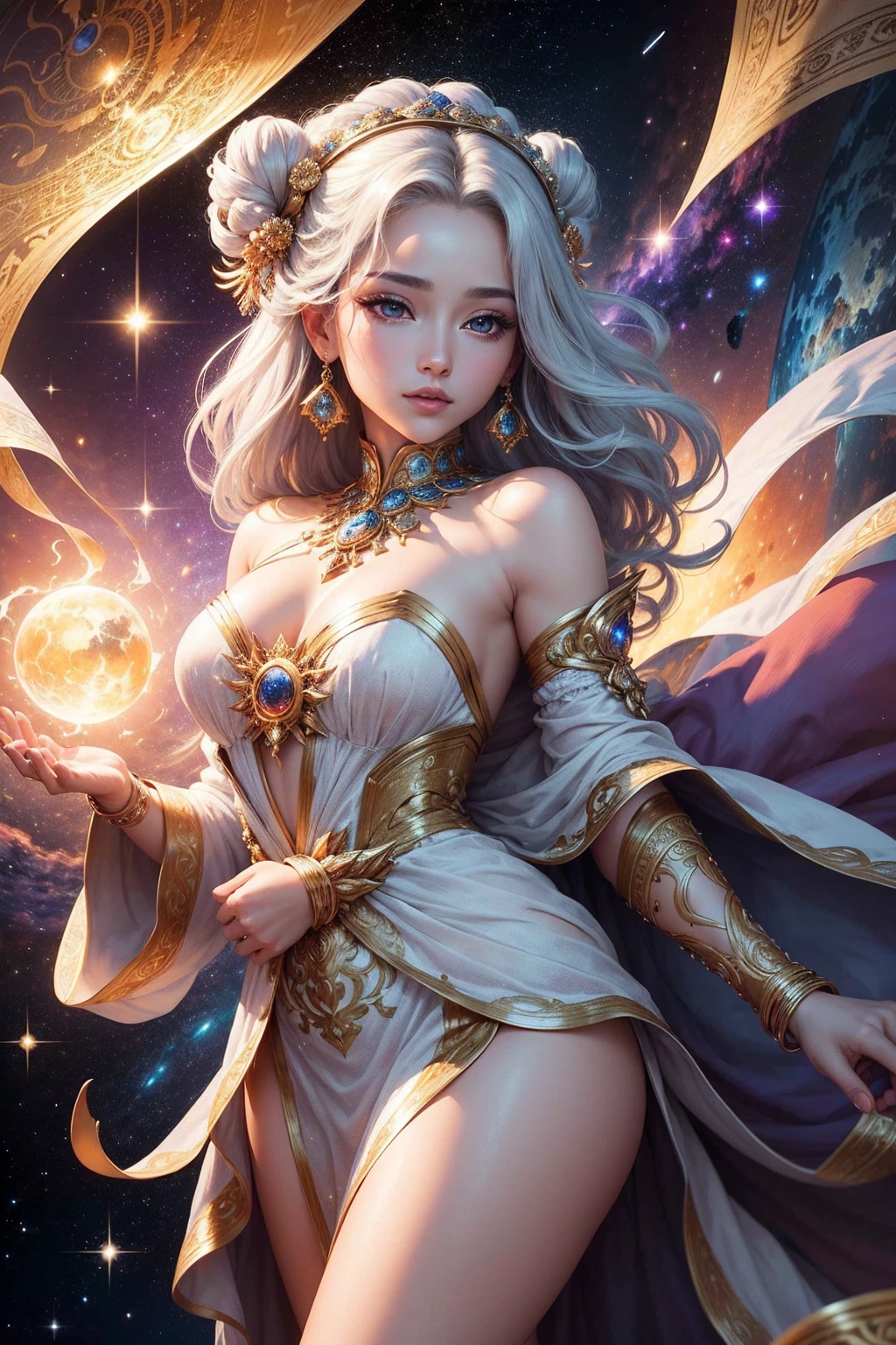 Paint a watercolor scene capturing the ethereal beauty of space, with the Enterprise NCC-1701 gracefully exploring distant galaxies. Reference the soft and dreamy watercolor style of artists like Alphonse Mucha. enormous tits
