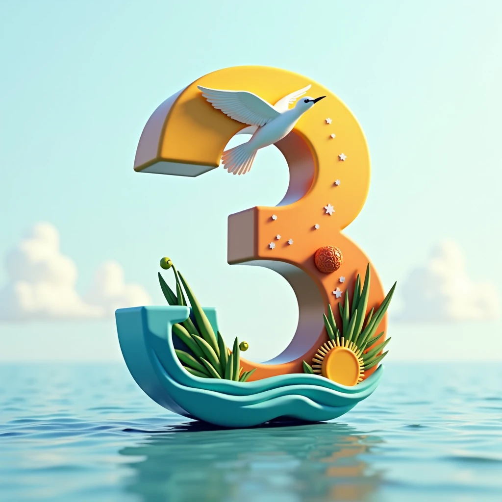 Fais moi un logo professionnel avec les lettres "3D". Ce logo doit refléter le tourisme et laissant voir les éléments de la nature comme l'eau, le soleil et un oiseau dans le "3"