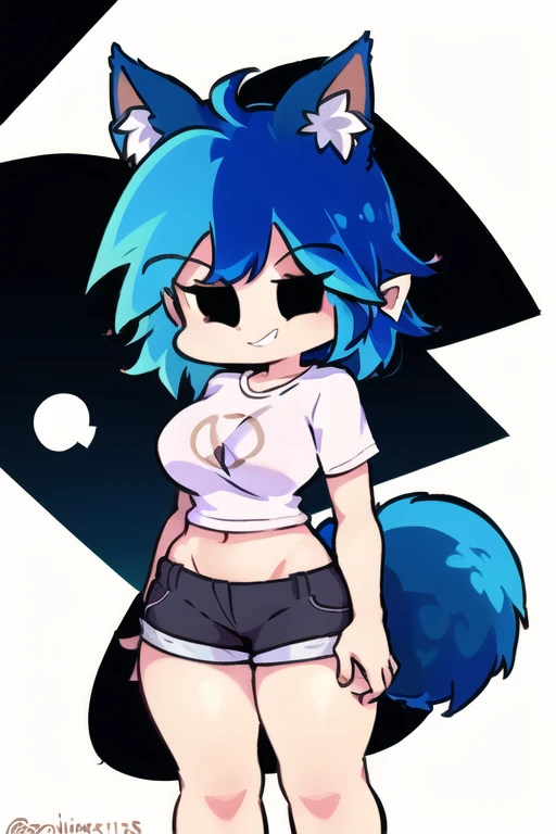 hair: brown,  black eyes, short shirt, short pants,  fox ears and tail,  character : original,  big breasts, extensiones azul turquesa cabello largo brown