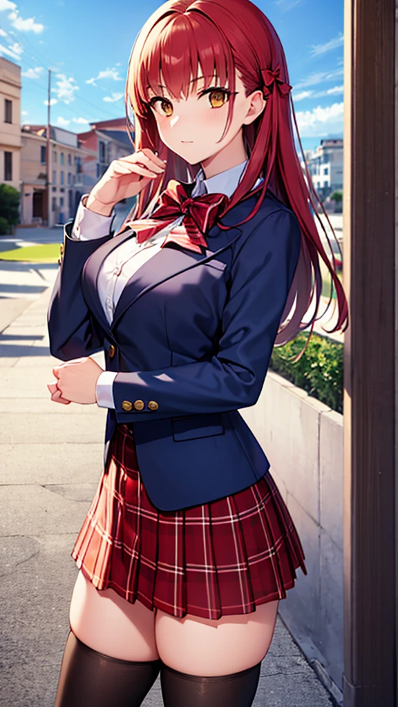 masterpiece, best quality, highres, girl, solo, looking at viewer, Shirou Emiya, Red hair, Brown Eyes, large breasts, Red bow, striped bow, blazer, blue jacket, long sleeves, plaid skirt, brown skirt, black thighhighs, outdoors, cowboy shot, standing, looking at viewer,