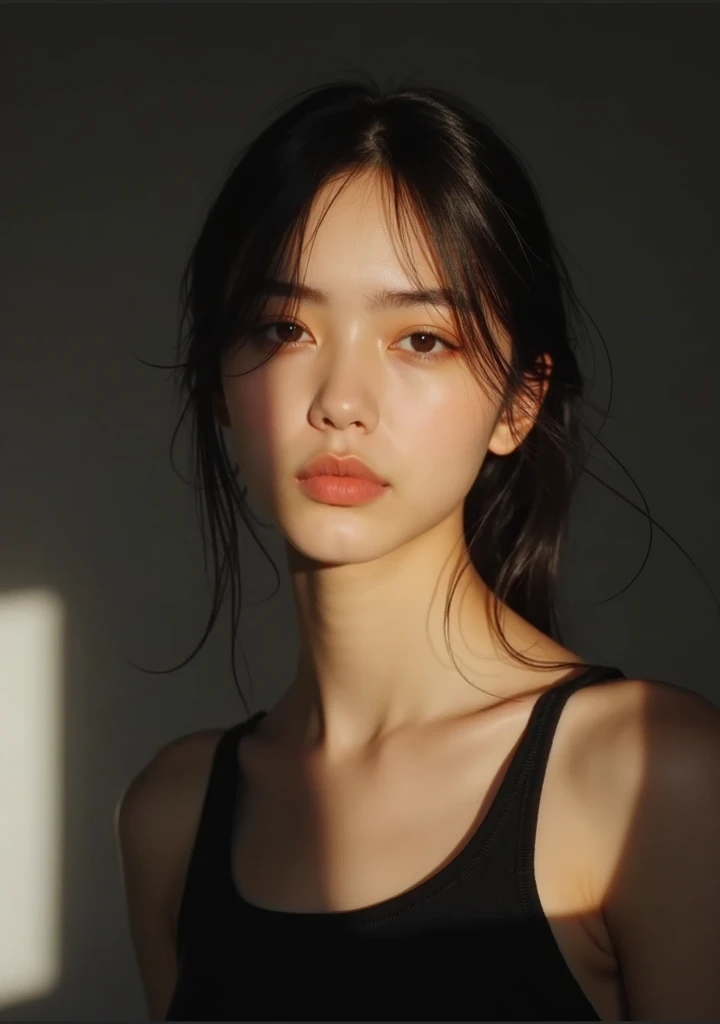 Best quality, masterpiece, ultra high res, (photorealistic:1.4), raw photo, 1girl, offshoulder, deep shadow, low key, cold light, chiaroscuro, grey background