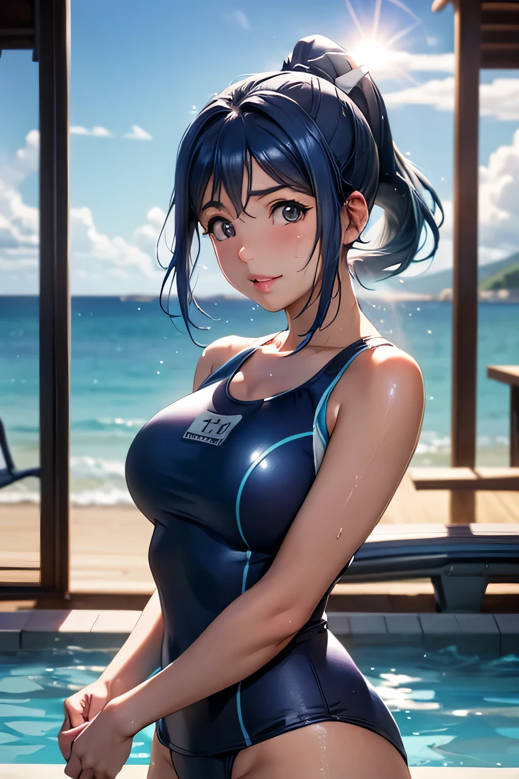  perfect anatomy 　 top quality, highest resolution,((( shiny school swimsuit　 blue hair　 ponytail 　sweat)))　Love Live!！ Sunshine !!　Matsuura Kanan 