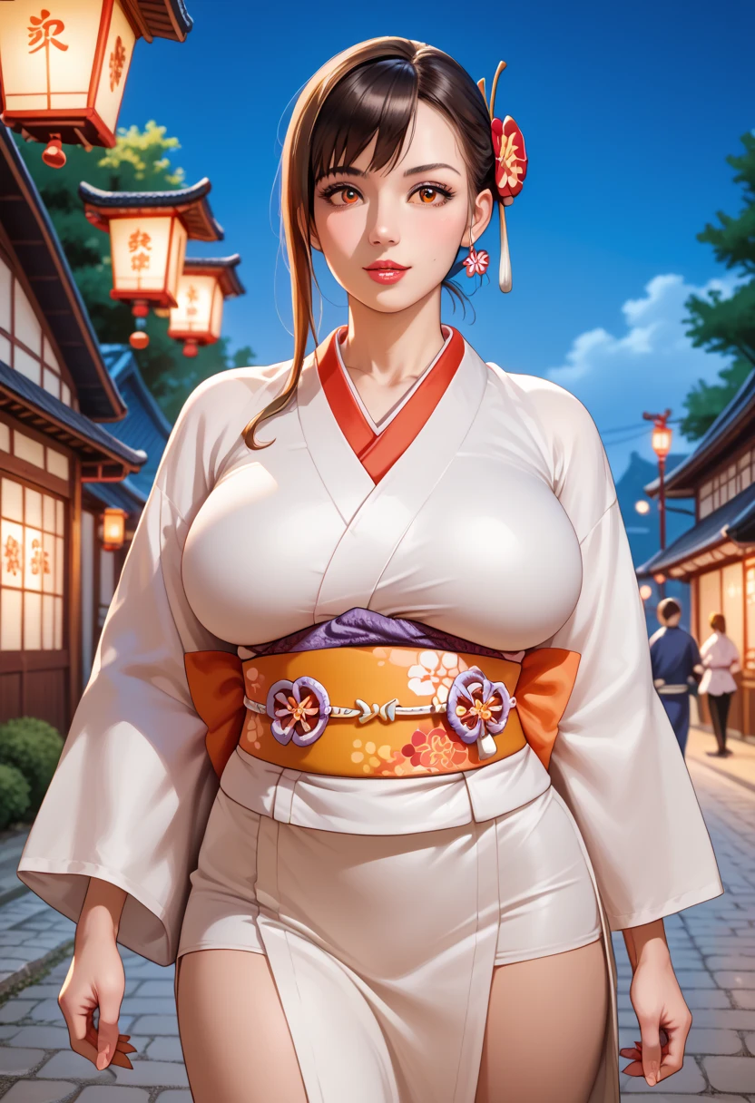 best quality, high resolution, photorealistic, BREAK nsfw,the super beautiful woman has incredibly large saggy breasts, huge saggy breasts, just big breasts, unbelievably big breasts, a tight waist, lewd body, no frame splitting,A beautiful Japanese woman in a flashy kimono and obi with her shoulders exposed, walking around the red light district, waiting at night in the Edo period, orange lights illuminating the town, townspeople, town girls, samurai, walking around town in the Edo period,