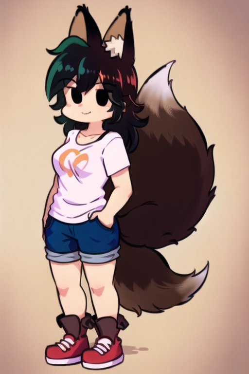 hair: brown,  black eyes, short shirt, short pants,  fox ears and tail,  character : original, cabello largo totalmente brown, Long hair at the hips