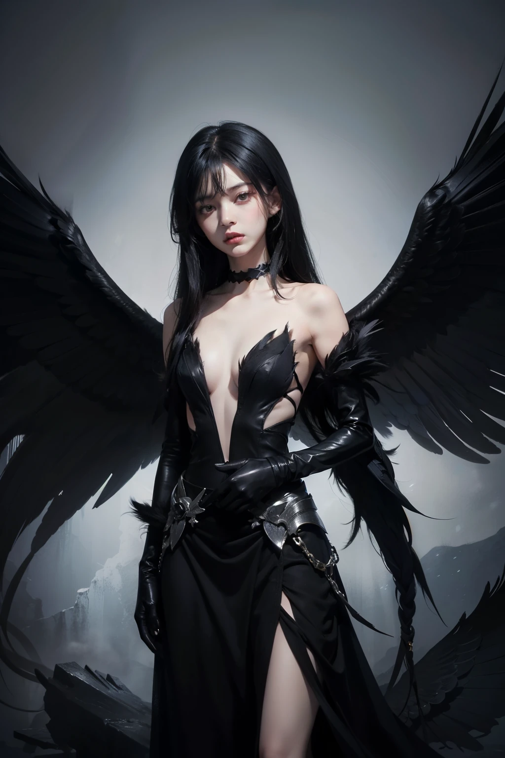 One women, Black Dress、choker, Black gloves、fallen angel, black feathers, black feathered wings, angel wings, massive wings, Elbow Gloves,Small breasts, flat chest, long black hair,(Perfect hands),(Perfect Anatomy),(masterpiece),(highest quality), serious face, death stare.