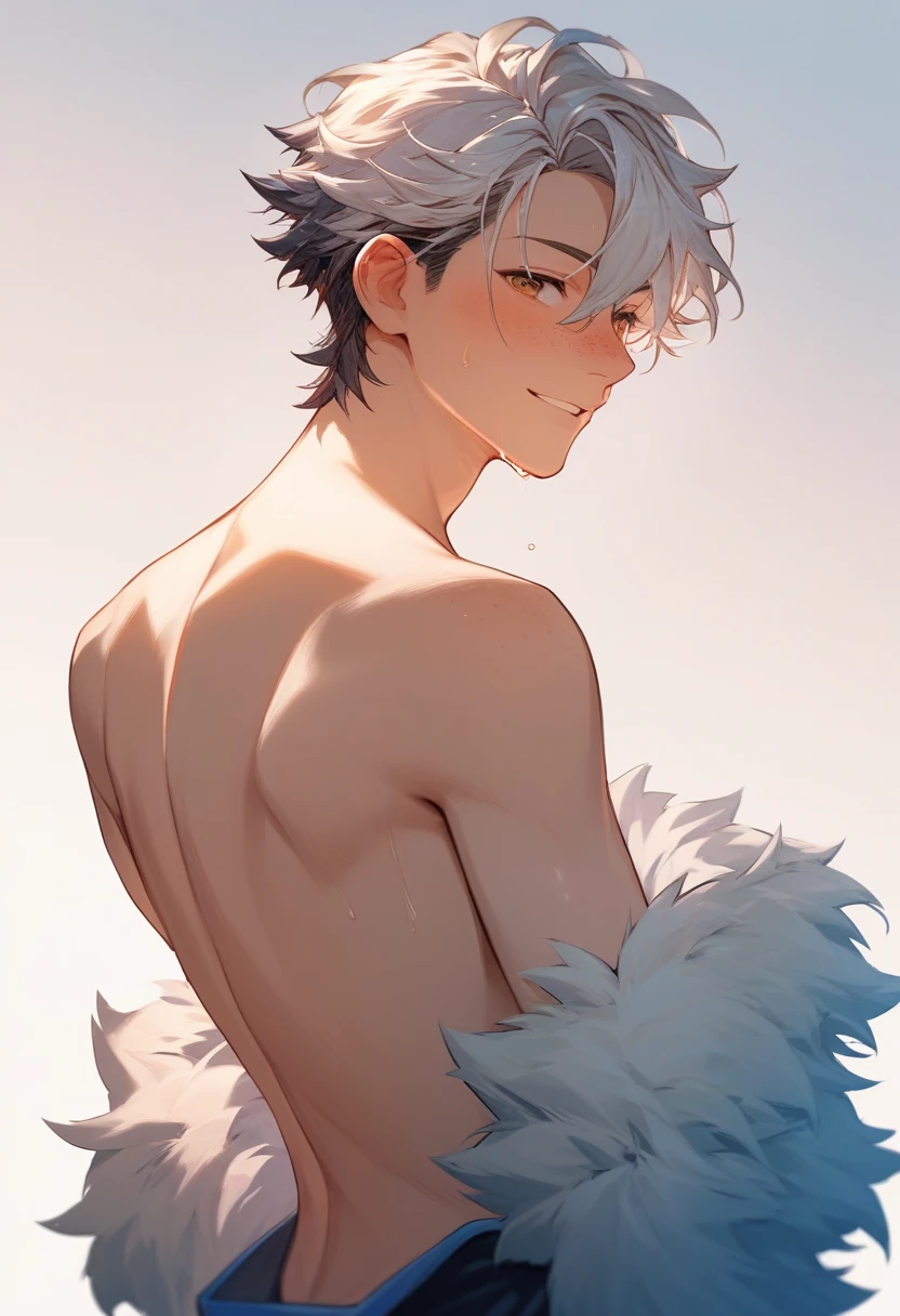 1boy，Shota，(high-definition quality，Masterpiece level)，Fresh and cold boy character，Wolf ears、Wolf Tail highlights the sense of belonging to the character，Heterochromatic eyes and the color of light blue hair echo each other，with clean lines，Show the modesty and confidence of the character，tmasterpiece, lightblue hair, Heterochromic eyes,(Wolf ears),(Wolf tail)，One tail，A young boy with，Have by the sea，Light swimwear jacket，musculature，Lean body type，laughing very happily，Dull hair，Brown pick dye，Four-corner swimming trunks，with fair skin