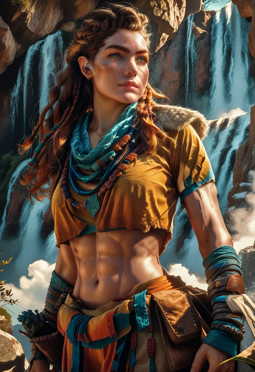 1woman, (Aloy:1.37), (Horizon Forbidden West Aloy:1.27), rock climber physique, reddish brown hair, braids and hair ornaments, detailed green eyes, freckles, toned muscular physique, midriff, thighs showing, ultra-detailed, detailed facial features, dynamic action pose, (cowboy shot), outdoor mountain landscape background, warm lighting, vibrant color palette, d3t41l3d