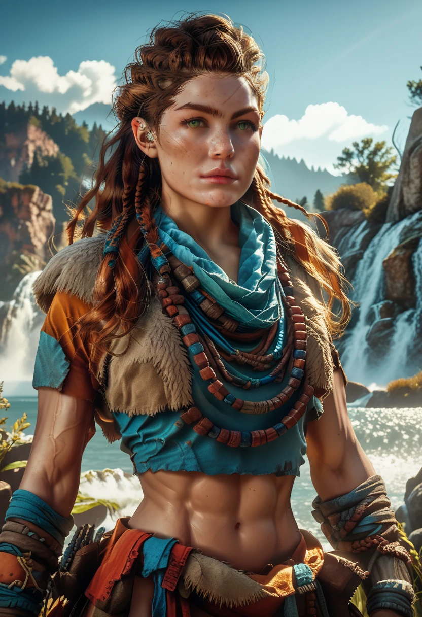 1woman, (Aloy:1.37), (Horizon Forbidden West Aloy:1.27), rock climber physique, reddish brown hair, braids and hair ornaments, detailed green eyes, freckles, toned muscular physique, midriff, thighs showing, ultra-detailed, detailed facial features, dynamic action pose, (cowboy shot), outdoor mountain landscape background, warm lighting, vibrant color palette, d3t41l3d