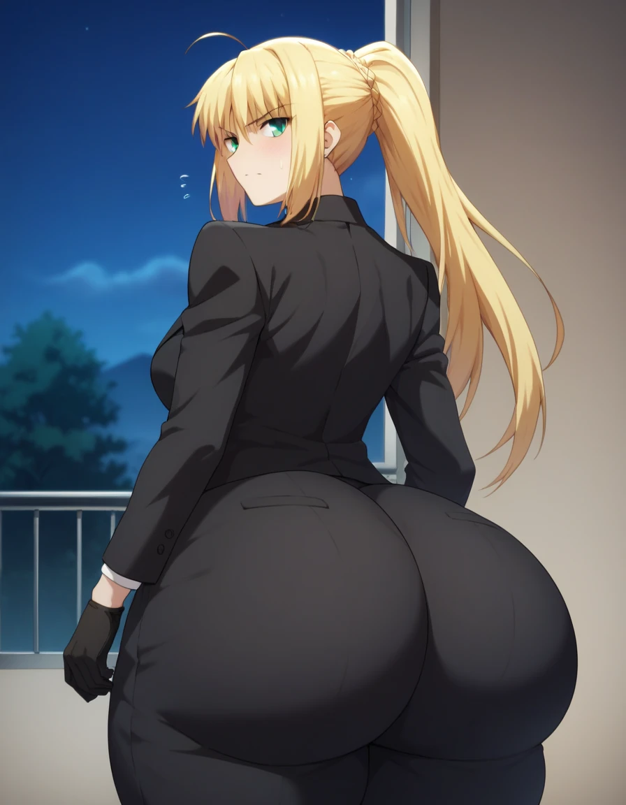 Highest quality, official style, very aesthetic, score_8_up, score_9_up, score_7_up, High Resolution, 1 girl, soro, artoria pendragon, artoria pendragon (fate), saber, long hair, blonde hair, green eyes, ponytail, ahoge, medium breasts, gloves, necktie, black gloves, pants, formal, suit, pant suit, blush, bedroom, embarrassed, night, bottomheavy, big ass, huge ass, gigantic ass, thick thighs, massive thighs, cowboy shot, from behind, high details, high quality, super detail, best quality. Too big ass, hyper ass,