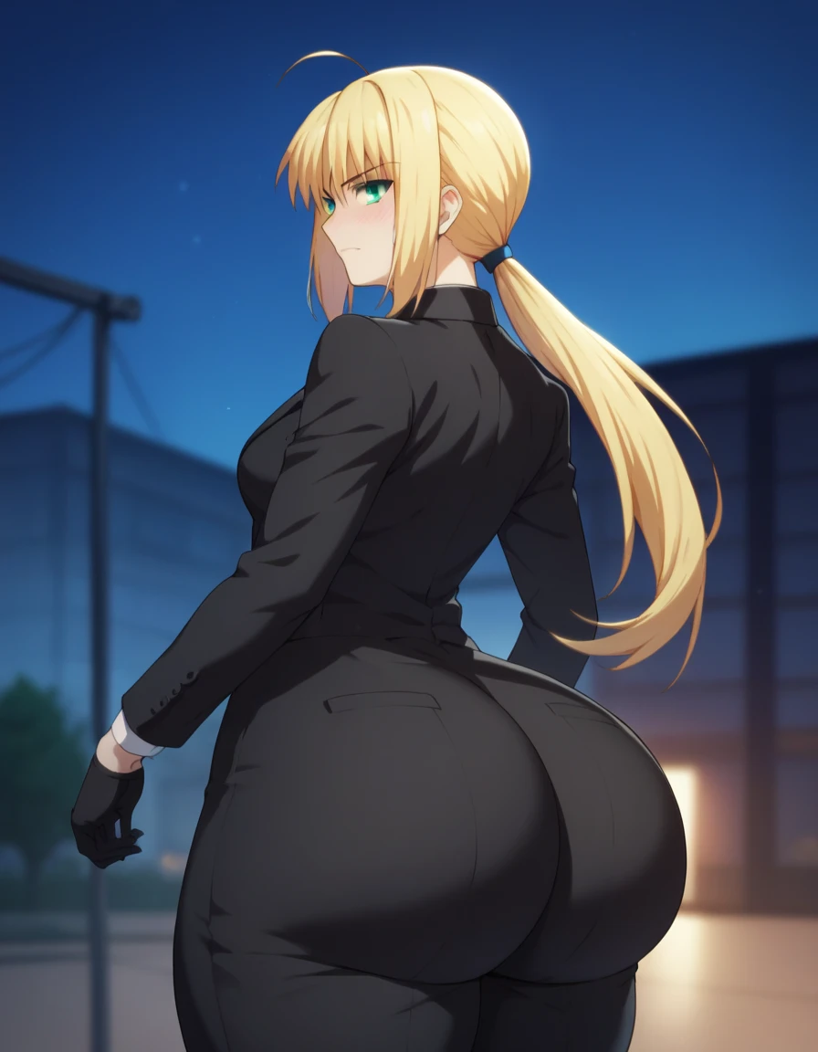 Highest quality, official style, very aesthetic, score_8_up, score_9_up, score_7_up, High Resolution, 1 girl, soro, artoria pendragon, artoria pendragon (fate), saber, long hair, blonde hair, green eyes, ponytail, ahoge, medium breasts, gloves, necktie, black gloves, pants, formal, suit, pant suit, blush, bedroom, embarrassed, night, bottomheavy, big ass, huge ass, gigantic ass, thick thighs, massive thighs, cowboy shot, from behind, high details, high quality, super detail, best quality. Too big ass, hyper ass,