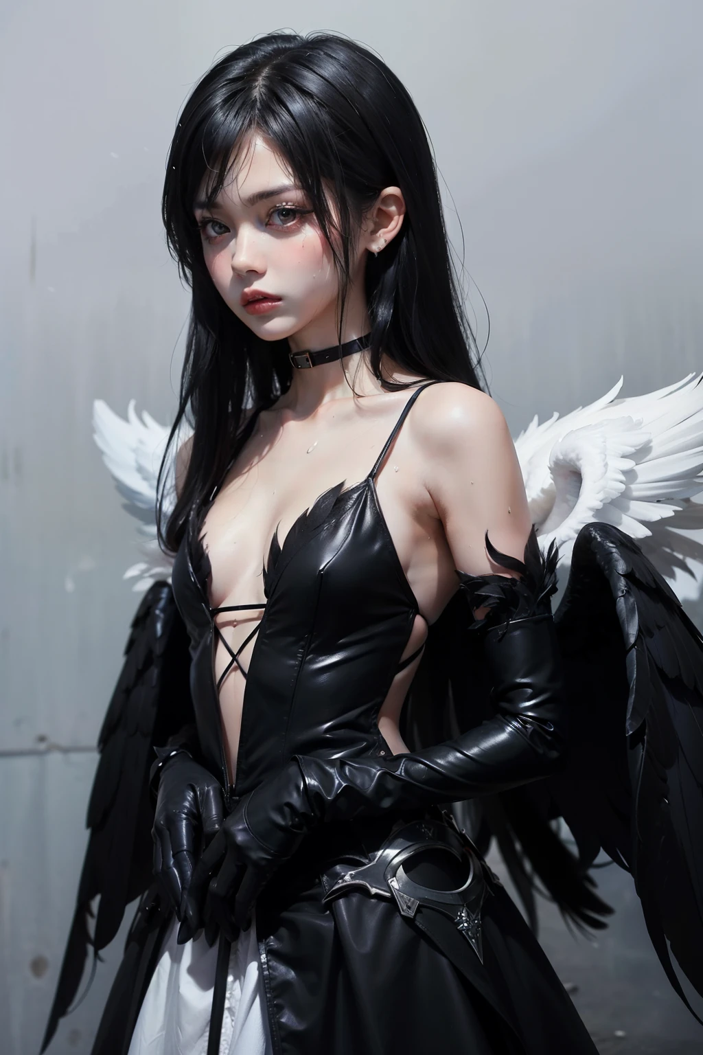 One women, Black Dress、choker, Black gloves、fallen angel, black feathers, black feathered wings, angel wings, massive wings, Elbow Gloves,Small breasts, flat chest, long black hair,(Perfect hands),(Perfect Anatomy),(masterpiece),(highest quality), serious face, death stare. (Sweaty:1.2).