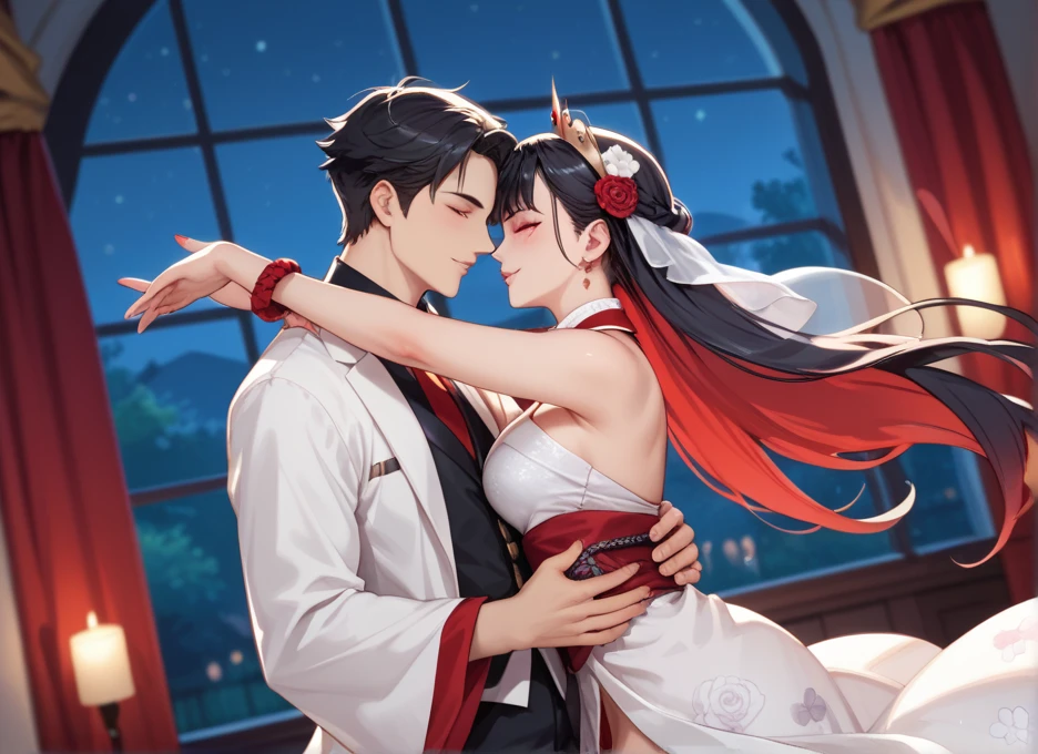 A handsome muscular man meets a beautiful lady on the dance floor,The interactive dancing is very enthusiastic,Cooperate tacitly。