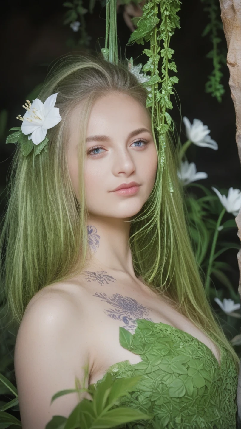  1 girl , Alone, white_hair, Tattoo, cave, Lush greenery, flower, beautiful,  idyllic, Sublime,  absurd,  hyperrealism , textured, maximum_ Details,  DSLR  