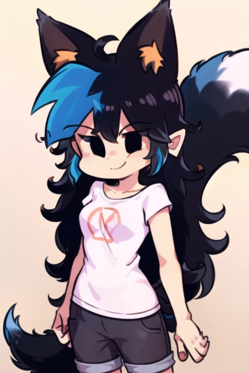 hair: brown,  black eyes, short shirt, short pants,  fox ears and tail,  character : original, cabello largo totalmente brown, Long hair at the hips