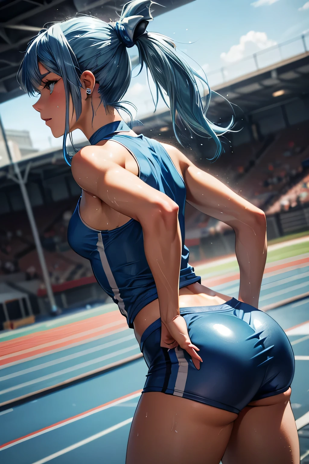 woman, white skin, caucasian, blue hair, wavy hair, long hair, hair parted in the middle, hair with ponytail, athletic body, blue eyes, low-cut leotard, white leotard, sports leotard, sports shoes, Olympic stadium, slight smile, lips blue, standing, small breasts, athletic legs, highlighted nipples, athletic buttocks, buttocks, shot from behind.