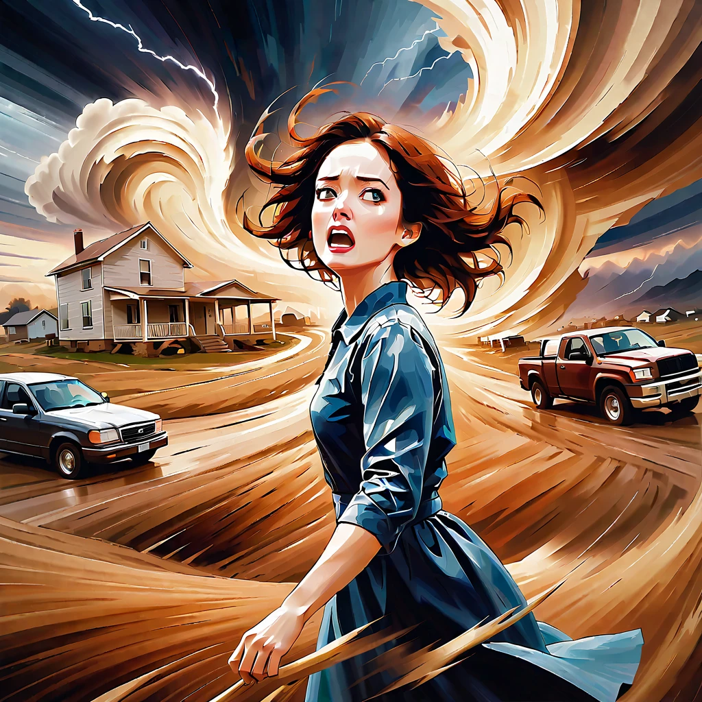 A work of art. A woman with an expression resembling "The Scream" is in the foreground. A huge tornado is swirling in the background. Houses and cows are being swept up in the swirling tornado. There is also lightning, and it is a terrible situation. The woman is frightened. Multiple exposure, transparent tornado, motion fuller, 8K quality