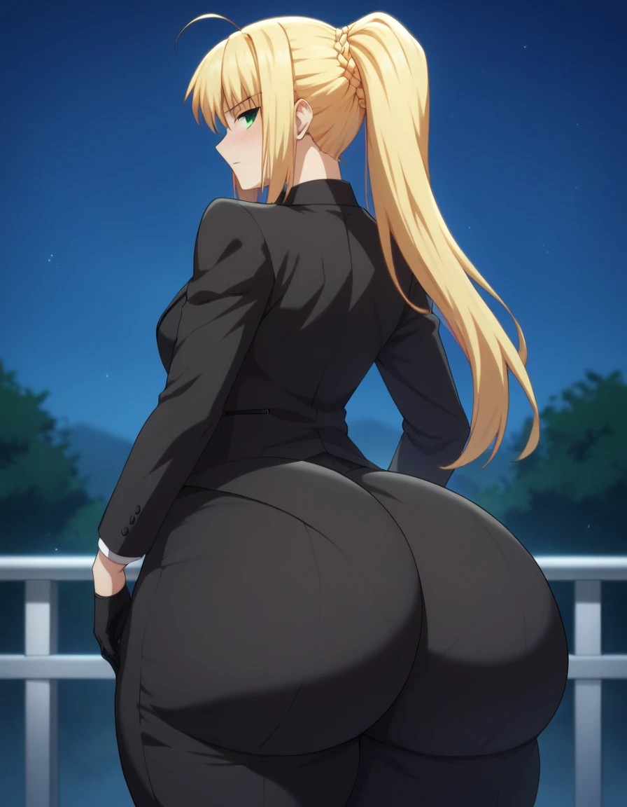 Highest quality, official style, very aesthetic, score_8_up, score_9_up, score_7_up, High Resolution, 1 girl, soro, artoria pendragon, artoria pendragon (fate), saber, long hair, blonde hair, green eyes, ponytail, ahoge, medium breasts, gloves, necktie, black gloves, pants, formal, suit, pant suit, blush, bedroom, embarrassed, night, bottomheavy, big ass, huge ass, gigantic ass, thick thighs, massive thighs, cowboy shot, from behind, high details, high quality, super detail, best quality. Too big ass, hyper ass, seductive, bedroom eyes,