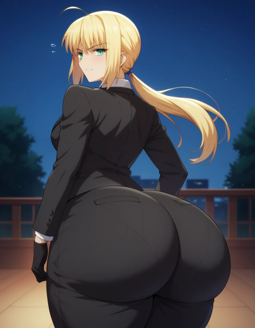 Highest quality, official style, very aesthetic, score_8_up, score_9_up, score_7_up, High Resolution, 1 girl, soro, artoria pendragon, artoria pendragon (fate), saber, long hair, blonde hair, green eyes, ponytail, ahoge, medium breasts, gloves, necktie, black gloves, pants, formal, suit, pant suit, blush, bedroom, embarrassed, night, bottomheavy, big ass, huge ass, gigantic ass, thick thighs, massive thighs, cowboy shot, from behind, high details, high quality, super detail, best quality. Too big ass, hyper ass, seductive, bedroom eyes,