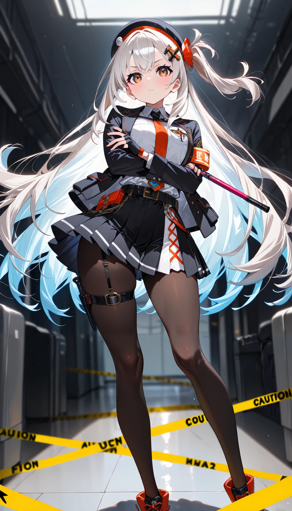 1girl,very long hair, white hair,big eyes, brown eyes, hair ornament, hair flag ornament, solo,baton, cute,mini jackets, attractive pose, holding baton,open jacket,breast,belt,black skirt, pocket, tie,closed mouth,bow,button,fingerless gloves, garter strap, looking at viewer, standing, armband, black pantyhose, beret hat, shirt partially tucked in, thigh strap,pleated skirt, dynamic pose ,full body,flow pose,((feet_out_of_frame)),blurry background,harsh lighting,one side lighting,bunker background, cross line, caution_tape ,crossed arm,[[artist:Hikaru:1.21],[dynamo7:0.71],[mika pikazo:0.21],[ilya kushinov:1.21],[noob9:0.41]],((Very awa, ultra detailed,8k,masterpiece, highres, absurdres, newest,)))