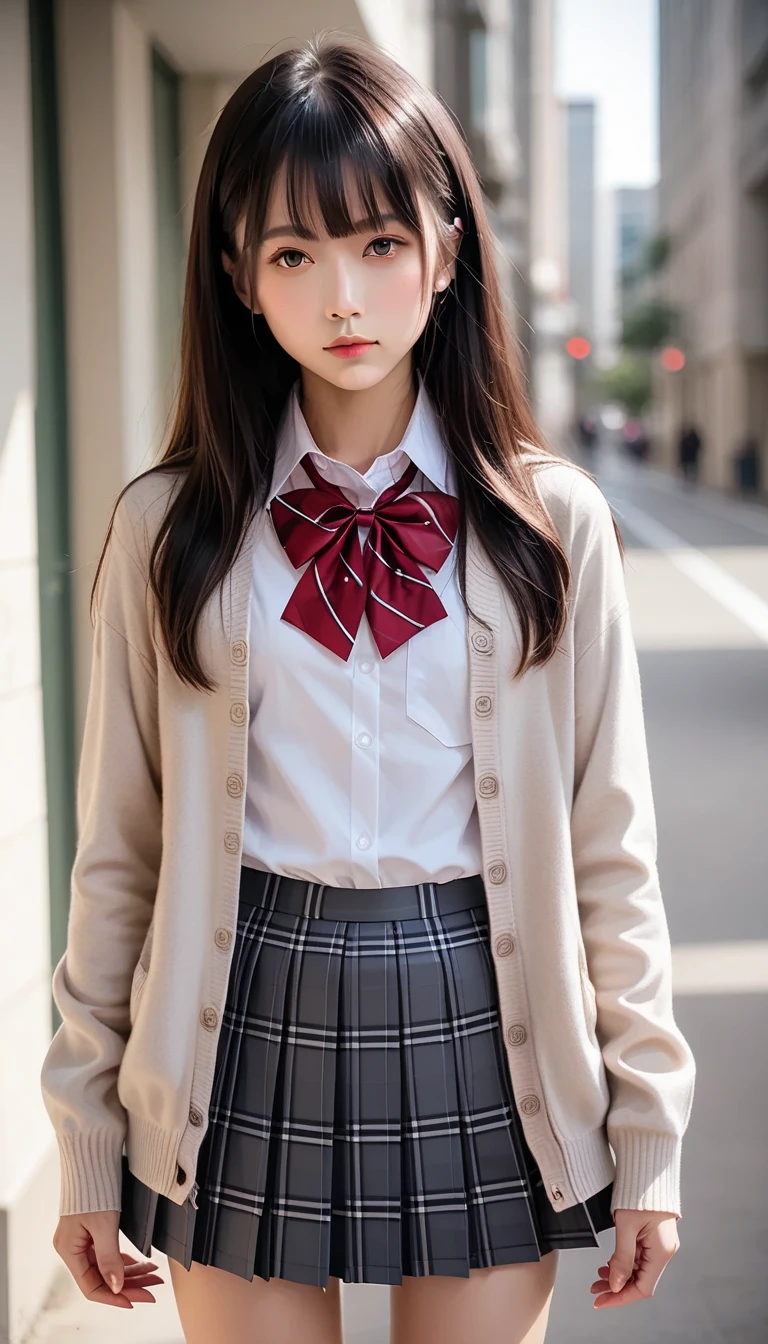  score_9, score_8_up, score_7_up, source_photograph,  realistic ,photograph,( sharp concentration),(backlit photograph:1.4),Dramatic Shadows,Raw lighting, dynamic angle, break Japanese girl,  dark eyes,( small eyes :1.1),  slender round face , ( school uniform), ( outer is a light beige cardigan :1.2), (Wrist Sleeves :1), (  inner is a white collar shirt :1.2), ( red string neck bow :1.1), break ( bottoms are black and gray plaid skirt:1.2),( pleated skirt,  Mini Skirt:1.2), Outdoor,upper_body , Female Teacher、actress、Idol、White beautiful skin、