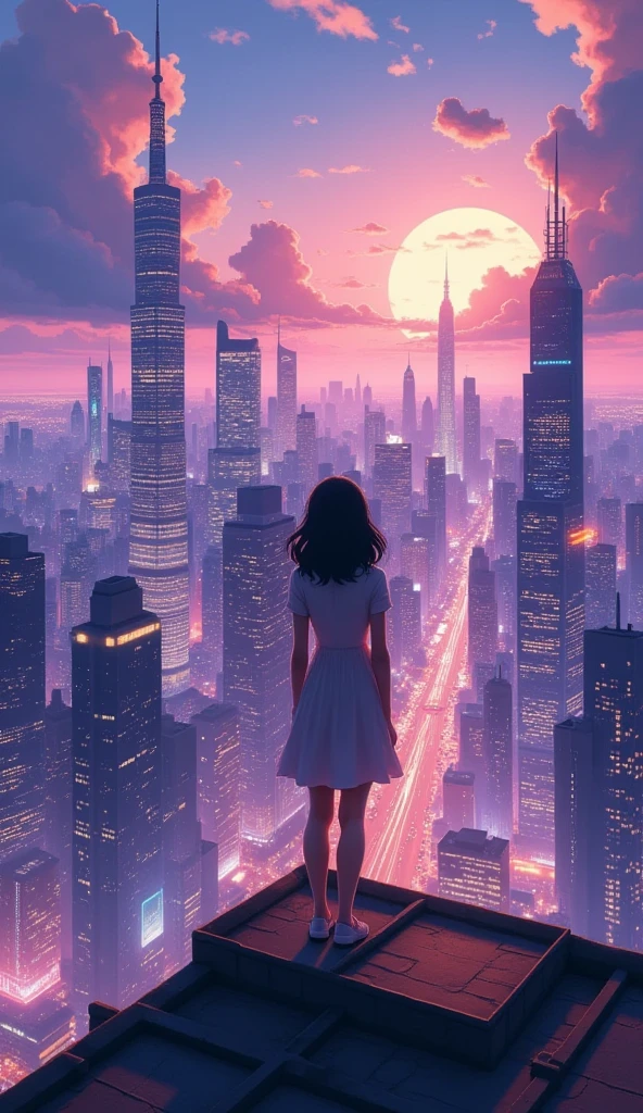 (animated)、( masterpiece :1.2), atmospheric perspective ,lens flare、 Ultra-wide background with focus on the girl.、futuristic city、Girl standing on the roof