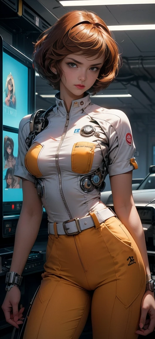 NSFW(((masterpiece))), (((Best Quality))), ((Ultra-detailed)), (extremely detailed photo), ((extremely delicate and beautiful)),(Cute delicate face), an image of cyberpunk woman, steampunk, sci-fi, cyberpunk fan art, cyberpunk hd wallpaper, cyberpunk art, cyberpunk pics, cyberpunk images, (April O'Neil waifu cyborg, 1980s \(style\), 1 partial cyborg-woman, brown hair, Red hair, short hair , Orange hair , serious expression , worried expression, Retro art print, short hair , only, cyborg woman news reporter television, semi-transparent Short-sleeve Yellow jersey jacket, white belt, semi-transparent yellow jersey bikini bottoms, nsfw),solo,short hair,looking at viewer, mecha musume, armor ,(beautiful face and eye), double eyelid,delicate skin,slender body shape,small breast,beautiful abs, robotic left arm, {{cybernetic left arm}}, mechanical left arm
